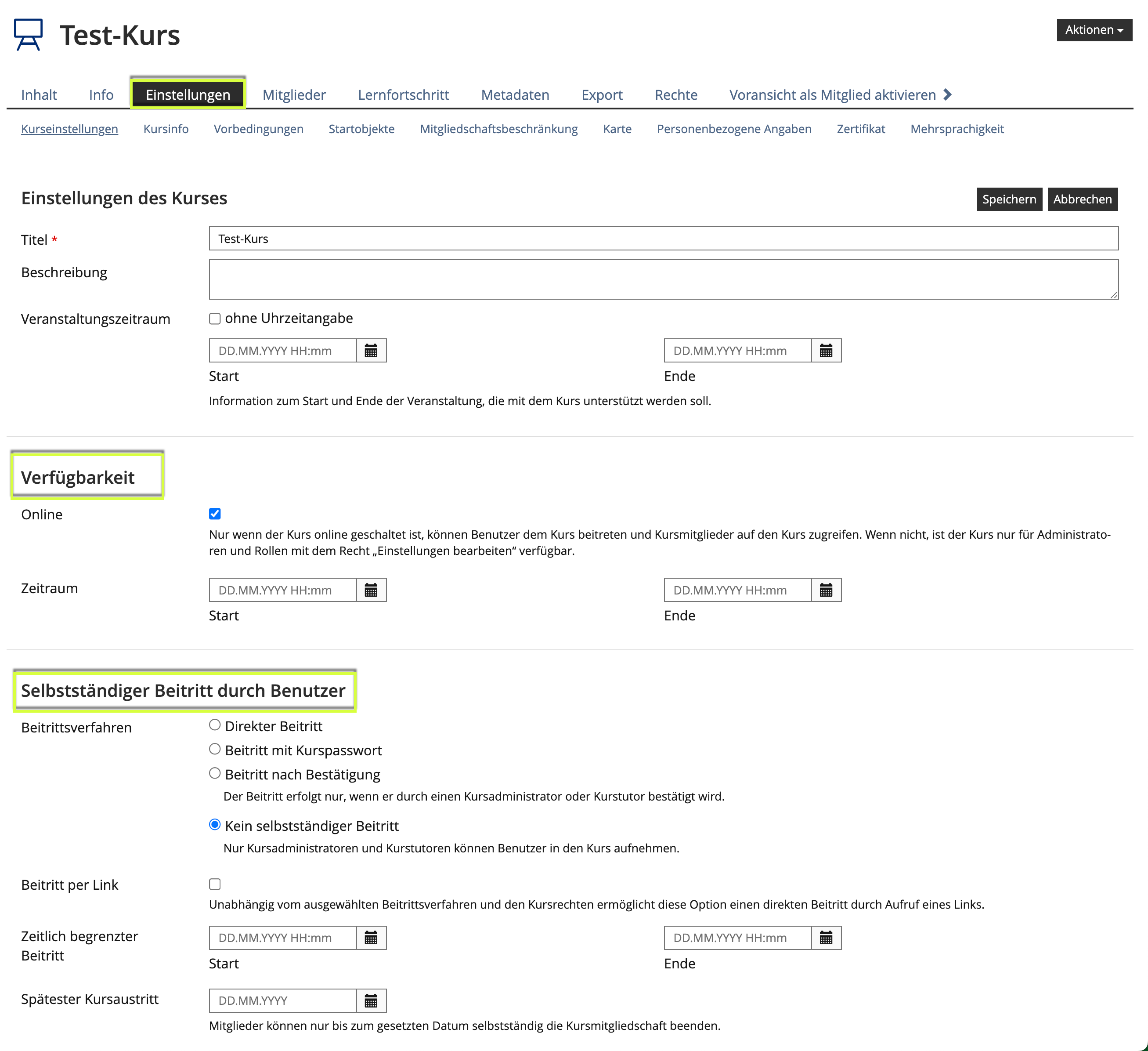 Screenshot des Reiters Einstellungen eines Kurses