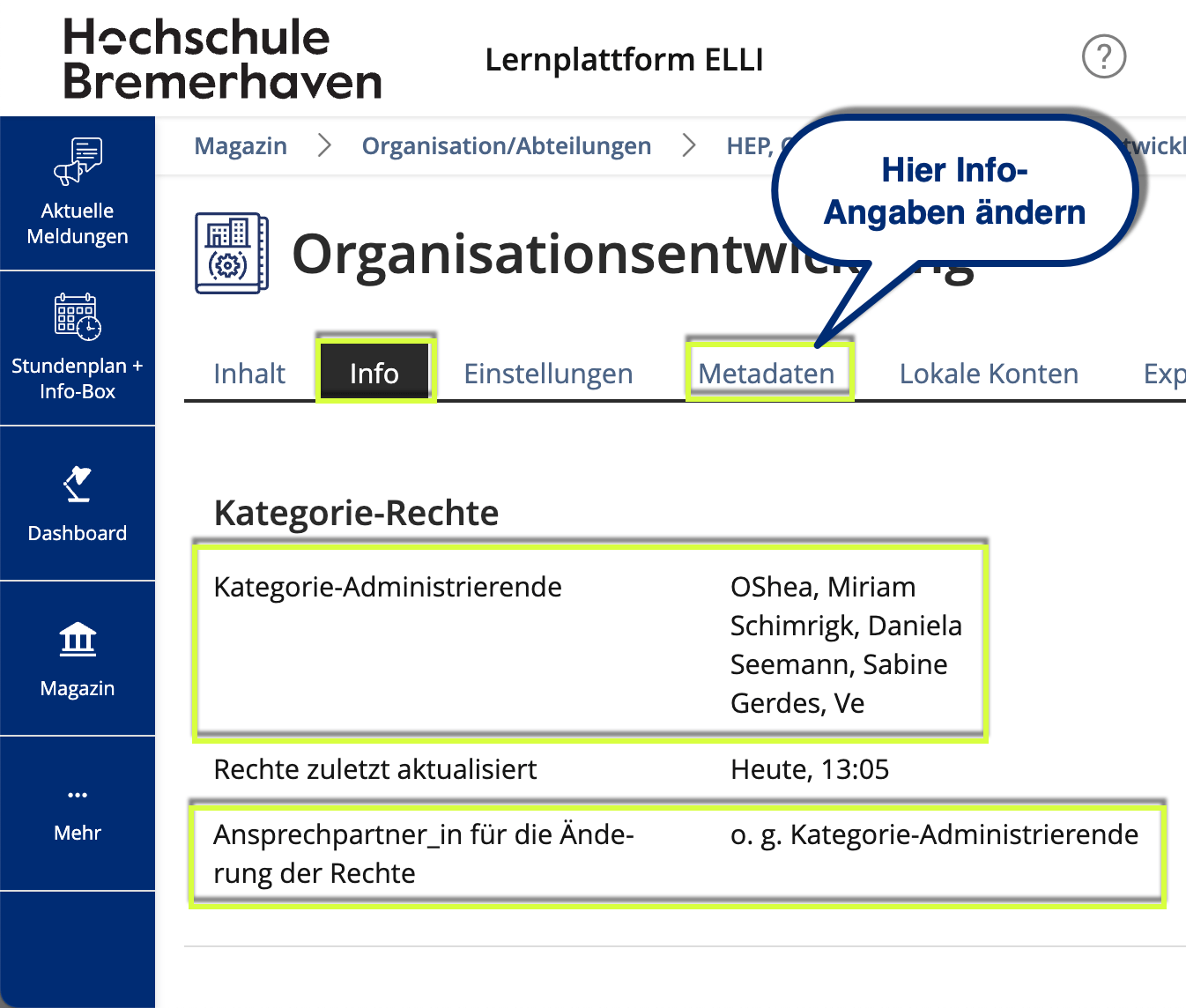 Abbildung des Info-Reiters mit den aktuellen Kategorie-Rechten
